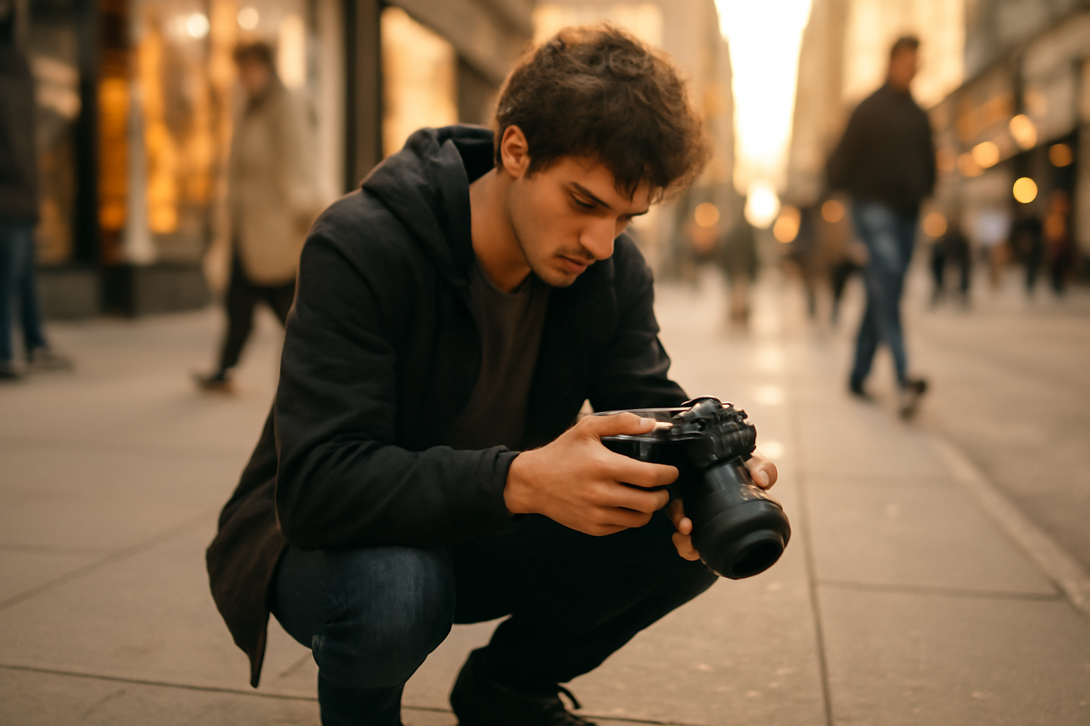 Fotografer memeriksa layar kamera saat menyusun komposisi di jalan kota