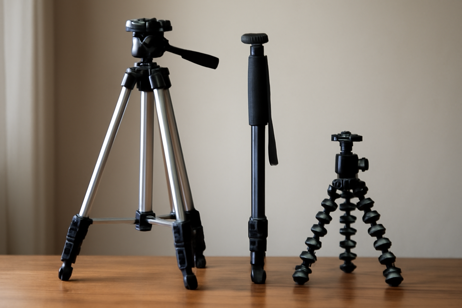 Tiga jenis penopang kamera: tripod, monopod, dan gorillapod berjajar di atas meja kayu